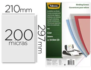 FELLOWES PACK DE 100 PORTADAS PARA ENCUADERNAR DE PVC A4 - 200 MICRAS - ACABADO DE CALIDAD - COLOR TRANSPARENTE