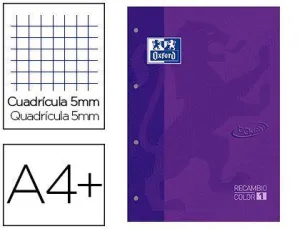 RECAMBIO COLOR 1 OXFORD DIN A4+ 80 HOJAS 90 GR CUADRICULA 5 LILA