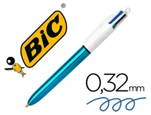BIC 4 COLOURS SHINE BOLIGRAFO DE BOLA RETRACTIL - PUNTA DE 1MM - TRAZO DE 0.4MM - TINTA CON BASE DE ACEITE - CUERPO AZUL METALIZADO/BLANCO - 4 COLORES