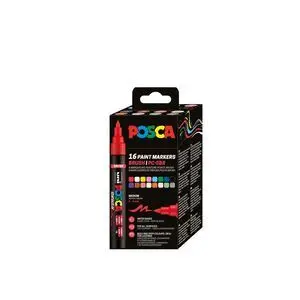 POSCA PC-5BR CAJA CON 16 MARCADORES DE PINTURA - PUNTA BRUSH 1-4MM - TINTA BASE AL AGUA - RESISTENTE A LA LUZ - NO PERMANENTE - COLORES SURTIDOS