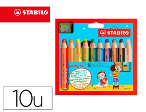 STABILO WOODY 3 EN 1 PACK DE 10 LAPICES DE COLORES + SACAPUNTAS - LAPIZ DE COLOR, CERA Y ACUARELA, TODO EN UNO - MINA XXL 10MM - COLORES SURTIDOS