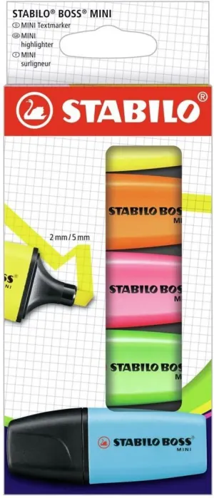 STABILO BOSS MINI PACK DE 5 MARCADORES FLUORESCENTES - TRAZO ENTRE 2 Y 5MM - TINTA CON BASE DE AGUA - ANTISECADO - COLORES SURTIDOS