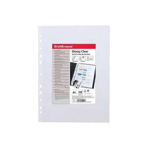 ERICHKRAUSE GLOSSY CLEAR PACK DE 100 FUNDAS MULTITALADRO A4 60MIC - 11 TALADROS - ACABADO BRILLANTE TRANSPARENTE