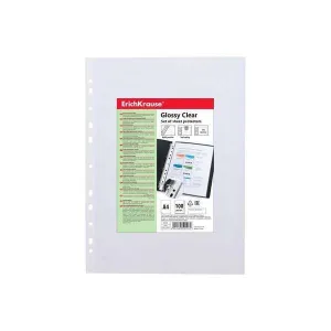 ERICHKRAUSE GLOSSY CLEAR PACK DE 100 FUNDAS MULTITALADRO A4 100MIC - 11 TALADROS - ACABADO BRILLANTE TRANSPARENTE