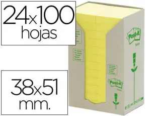 POST-IT PACK DE 24 BLOCS DE 100 NOTAS ADHESIVAS RECICLADAS - FORMA RECTANGULAR - 51X38MM - COLOR AMARILLO CLARO