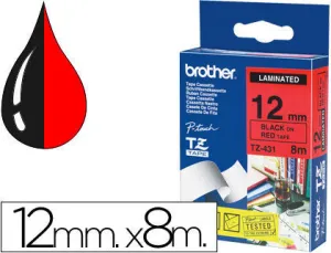BROTHER TZE431 CINTA LAMINADA ORIGINAL DE ETIQUETAS - TEXTO NEGRO SOBRE FONDO ROJO - ANCHO 12MM X 8 METROS