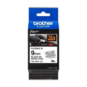 BROTHER TZEFX221 CINTA LAMINADA FLEXIBLE ORIGINAL DE ETIQUETAS - TEXTO NEGRO SOBRE FONDO BLANCO - ANCHO 9MM X 8 METROS