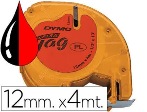 DYMO LETRATAG S0721630 CINTA DE ETIQUETAS ORIGINAL PARA ROTULADORA - TEXTO NEGRO SOBRE FONDO ROJO - ANCHO 12MM X 4 METROS (91203)
