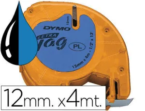 DYMO LETRATAG S0721650 CINTA DE ETIQUETAS ORIGINAL PARA ROTULADORA - TEXTO NEGRO SOBRE FONDO AZUL - ANCHO 12MM X 4 METROS (91205)