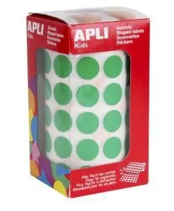 APLI ROLLO DE GOMETS REDONDOS VERDE  15MM - ADHESIVO PERMANENTE - 2.832 GOMETS - ADHESIVO BASE AGUA - LIBRE DE DISOLVENTES - COLOR VERDE