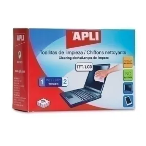 APLI TOALLITAS DE LIMPIEZA PARA EQUIPOS ELECTRONICOS - PROPIEDADES ANTIESTATICAS - INCLUYE 20 SOBRES CON TOALLITA HUMEDA Y SECA - SIN ALCOHOL