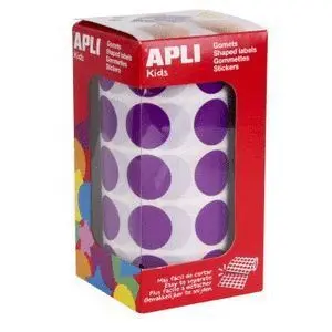 APLI GOMETS REDONDOS LILA Ã 20MM - 59 HOJAS PRETROQUELADAS - 1770 GOMETS POR ROLLO - IDEAL PARA ESCUELAS Y TALLERES INFANTILES