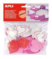 APLI PACK DE 52 CORAZONES ADHESIVOS DE GOMA EVA CON ACABADO PURPURINA - MEDIDAS Y DISEÃ±OS SURTIDOS - MATERIAL SUAVE Y SEGURO - COLORES SURTIDOS