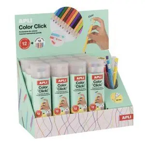 APLI COLOR CLIK EXPOSITOR CON 12 PACK DE 12 PORTAMINAS CON MINAS DE COLORES 2.6MM + 12 RECAMBIOS + 1 SACAPUNTAS - FORMA REDONDA - COLORES SURTIDOS