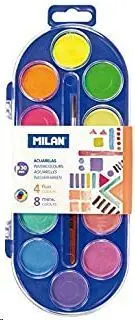 MILAN ESTUCHE DE 12 ACUARELAS Ã30 MM + PINCEL  SERIE 101 - MEZCLABLE - COLORES FLUORESCENTES Y METALIZADOS