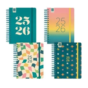 AGENDA ESCOLAR (2025-26) FINOCAM COSMO WIRE-O TAPA EXTRA D/P 4º 155X212 CON GOMA SURTIDO PACK DE 4