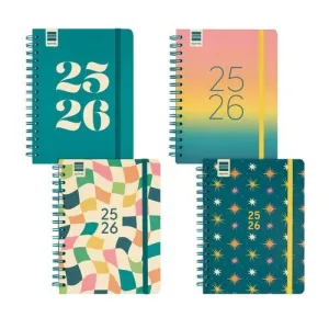 AGENDA ESCOLAR (2025-26) FINOCAM CATALAN COSMO WIRE-O TAPA EXTRA S/V APAIS. 4º 155X212 CON GOMA ASSORTIMENT PACK DE 4