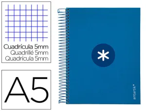 CUADERNO ESPIRAL LIDERPAPEL A5 MICRO ANTARTIK TAPA FORRADA120H 100 GR CUADRO 5MM 5 BANDA6 TALADROS COLOR AZUL OSCURO
