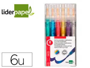 ROTULADOR LIDERPAPEL EFECTO PURPURINA METALIZADA DOBLE PUNTA CAJA DE 6 ROTULADORES COLORES SURTIDOS