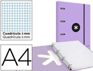 CARPETA CON RECAMBIO Y SOLAPA LIDERPAPEL ANTARTIK A4 CUADRO 5MM FORRADA 4 ANILLAS REDONDAS 40MM COLOR LAVANDA