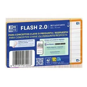 OXFORD PACK DE 30 FLASHCARDS 2.0 - FORMATO A7 - RAYADO HORIZONTAL 1 LINEA - CARTULINA DE 250G - DIGITALIZACION DE TEXTOS CON APP - COLOR NARANJA