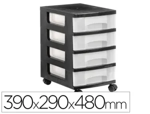 CAJONERA ARCHIVO 2000 4 CAJONES TRANSPARENTE CARCASA NEGRA 6 LITROS CON RUEDAS 390X290X480 MM