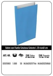 SOBRE CELULOSA L 25+6X40 CELESTE CAJA 250 UNIDADES