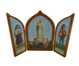TRÍPTICO VIRGEN DE FÁTIMA. POLÍMERO EFECTO MADERA. 23X17 CM