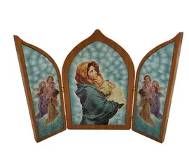 TRÍPTICO VIRGEN MADONNINA. POLÍMERO EFECTO MADERA. 23X17 CM