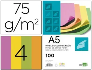 PAPEL 100 HOJAS A5 CUARTILLA 4 COLORES NEON FLUORESCENTES 210X148,5MM 75GR
