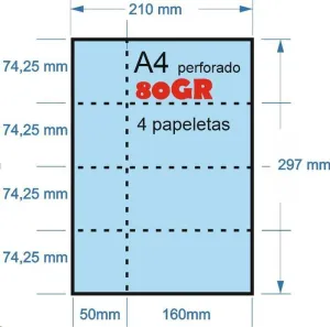 PAPEL 100H A-4 80GR PERFORADO AZUL EN 4 PARTES 74,25MMX210MM + 50MM MATRIZ PARA PAPELETAS O RIFA IMPRESORA LASER O INKJET