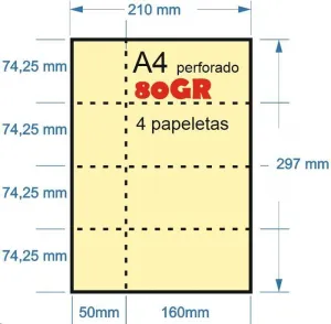 PAPEL 100H A-4 80GR PERFORADO AMARILLO EN 4 PARTES 74,25MMX210MM + 50MM MATRIZ PARA PAPELETAS O RIFA IMPRESORA LASER O INKJET