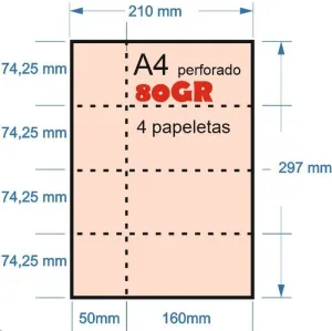 PAPEL 100H A-4 80GR PERFORADO ROSA EN 4 PARTES 74,25MMX210MM + 50MM MATRIZ PARA PAPELETAS O RIFA IMPRESORA LASER O INKJET