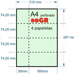 PAPEL 100H A-4 80GR PERFORADO VERDE EN 4 PARTES 74,25MMX210MM + 50MM MATRIZ PARA PAPELETAS O RIFA IMPRESORA LASER O INKJET