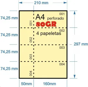 PAPEL NUMERADO AMARILLLO 100H A-4 80GR PERFORADO EN 4 PARTES 74,25MMX210MM + 50MM MATRIZ PARA PAPELETAS O RIFA IMPRESORA LASER O INKJET