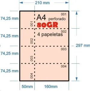 PAPEL NUMERADO ROSA 100H A-4 80GR PERFORADO EN 4 PARTES 74,25MMX210MM + 50MM MATRIZ PARA PAPELETAS O RIFA IMPRESORA LASER O INKJET