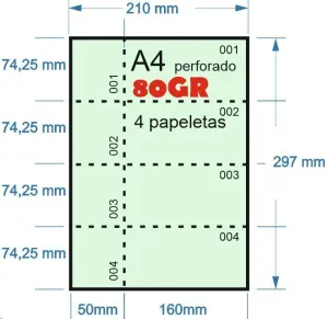 PAPEL NUMERADO VERDE 100H A-4 80GR PERFORADO EN 4 PARTES 74,25MMX210MM + 50MM MATRIZ PARA PAPELETAS O RIFA IMPRESORA LASER O INKJET