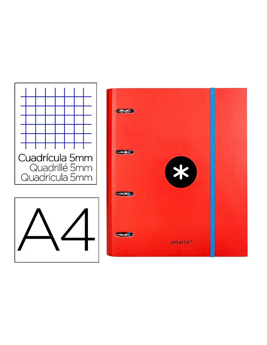 Carpeta Con Recambio Antartik A4 Cuadro 5Mm Forrada 4 Anillas 40Mm Redondas Con Solapa Color Rojo