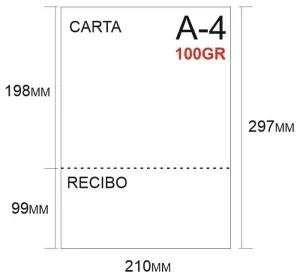 PAPEL 500H A-4 100GR PERFORADO EN 2 PARTES  99X210 PRECORTE EN CARTA MAS RECIBO