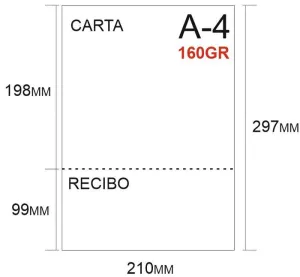 PAPEL 500H A-4 160GR PERFORADO EN 2 PARTES  99X210 PRECORTE EN CARTA MAS RECIBO