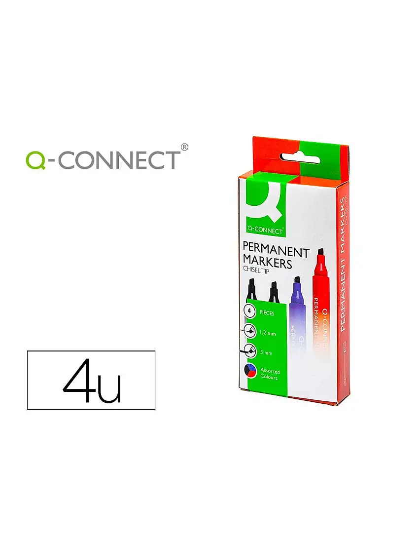 Rotulador Q-Connect Marcador Permanente Estuche De 4 Colores Surtidos Punta Biselada 5 Mm