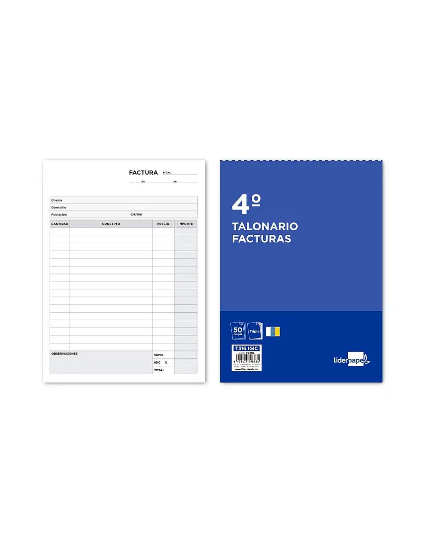Talonario Liderpapel Facturas Cuarto Original Y 2 Copias T316 Con I.G.I.C.